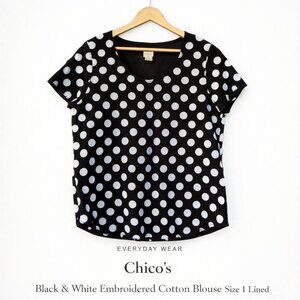 Chico’s Black & White Embroidered Cotton Blouse Size 1 Lined